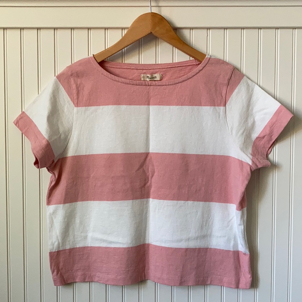 SOLD - LIKE NEW Madewell Pink & White Boxy Boatneck Top